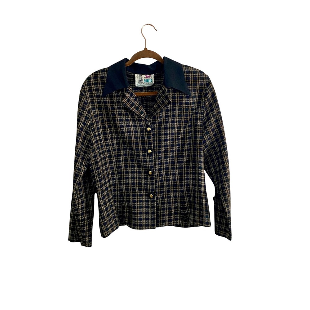 Vintage Molt Bonito Plaid‎ Metallic Gold Button Jacket Blouse Pattern Size 34
